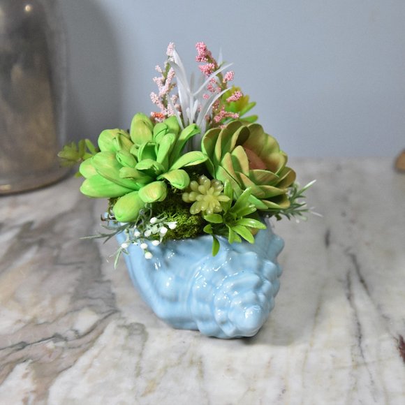 Blue seashell planter fille with sustainable Sola wood airbrushed succulents - - Picture 6 of 7